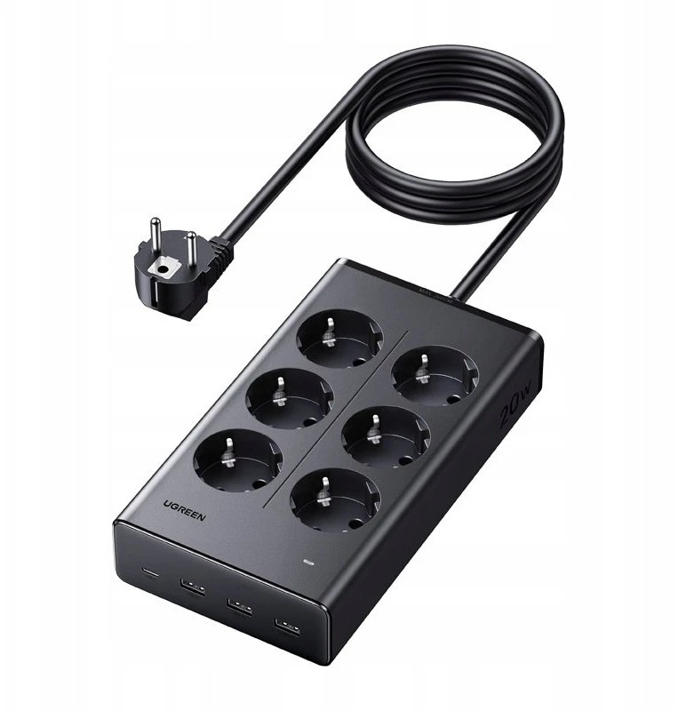 Ilgiklis 6 lizdų 1.3m, su USB krovikliu (3x USB-A max 15W, 1x USB-C max 20W) juoda S622 UGREEN