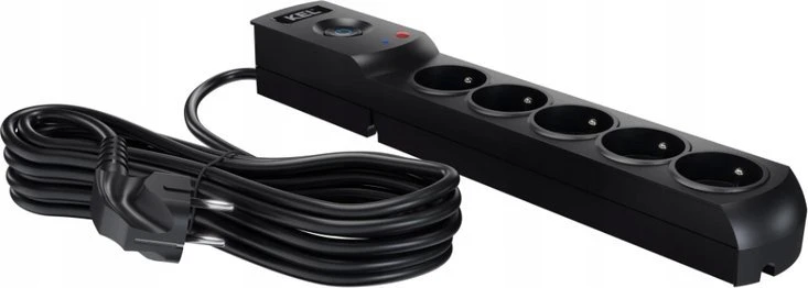 Plastrol Profesionalus elektros ilgintuvas su saugikliu ir apsauga nuo viršįtampių, 5 lizdai, ilgis 5 m, 10 A, 230 V, 2300 W, juoda