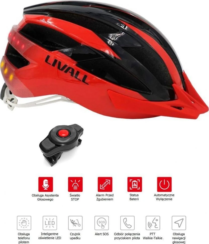 Livall Dviratininko šalmas MTB Bluetooth 54-58cm LED/SOS/Intercom raudona