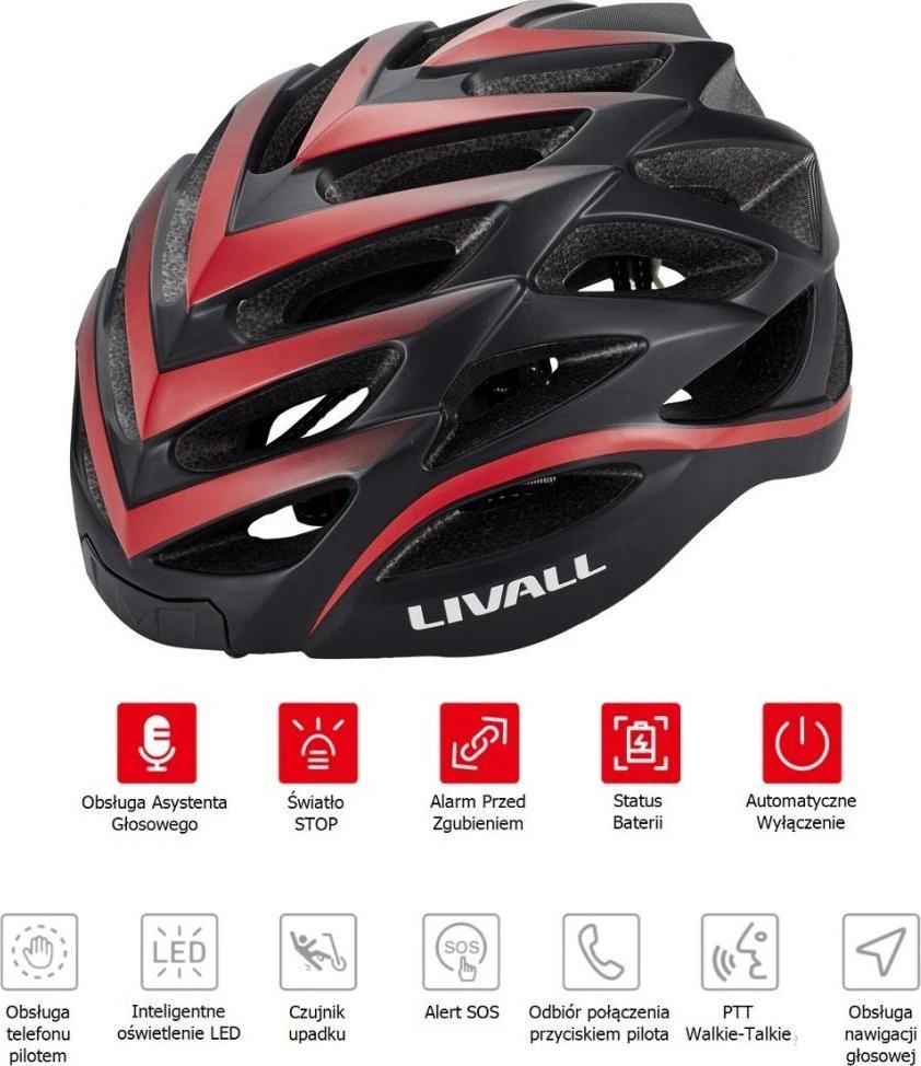 Livall „Bluetooth“ plento šalmas 55–61 cm LED/SOS/interkom raudonas