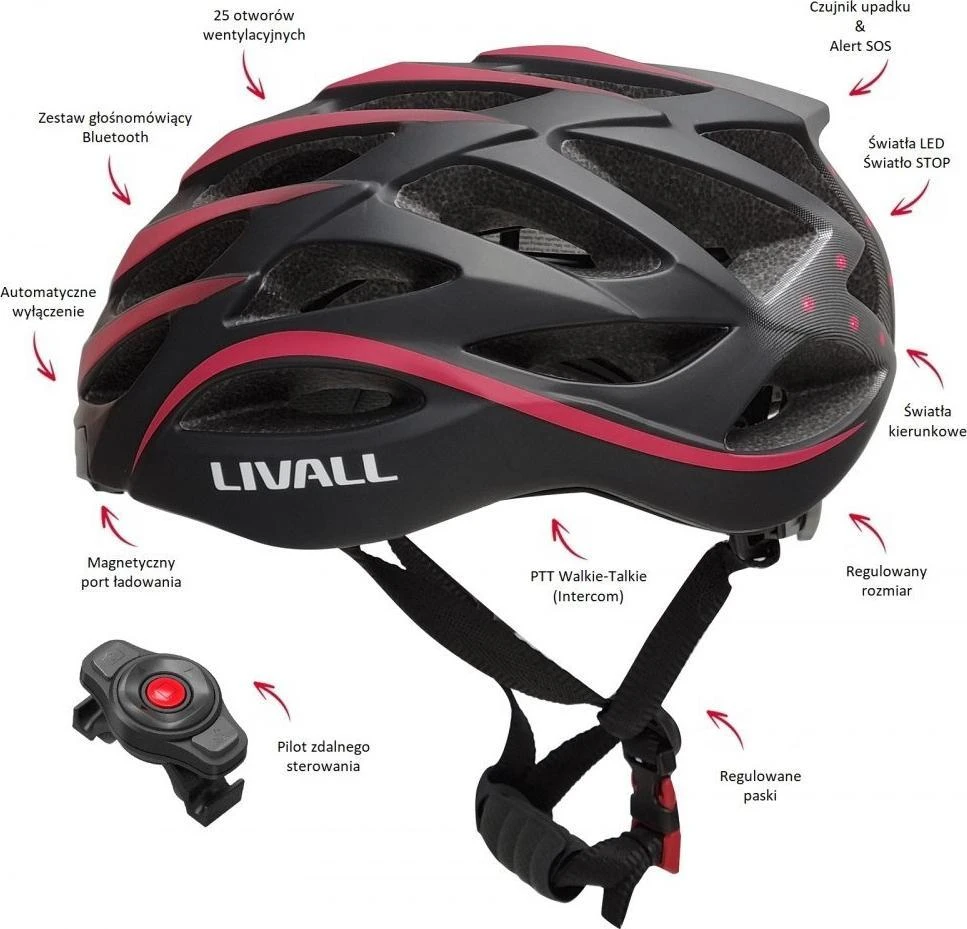 Livall „Bluetooth“ plento šalmas 55–61 cm LED/SOS/interkom raudonas
