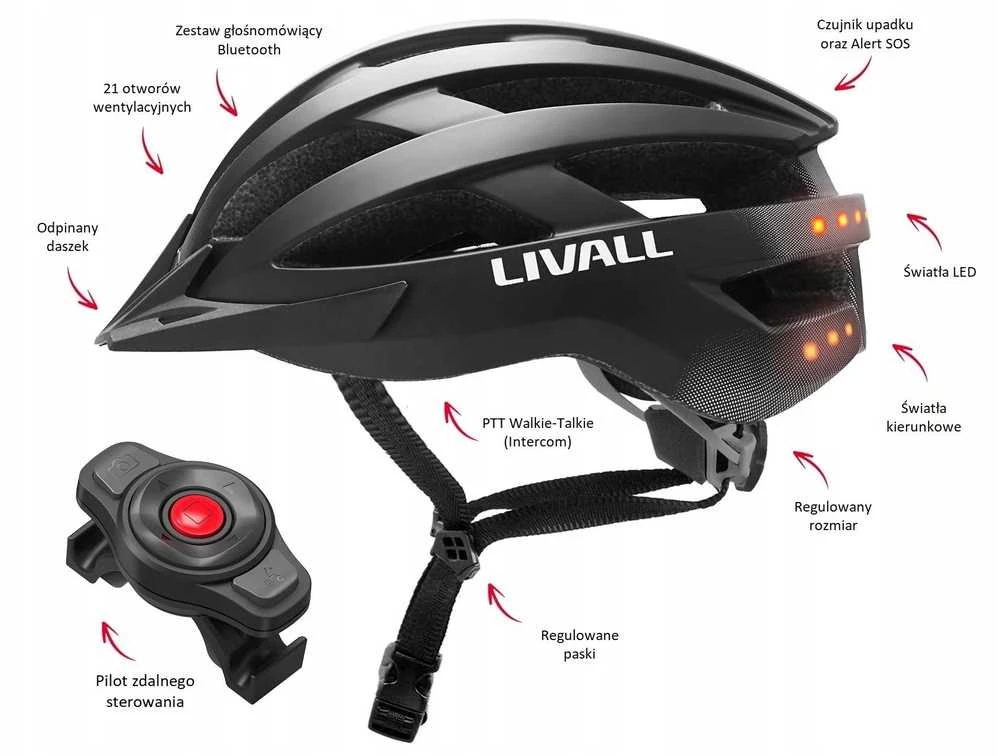 Livall MTB dviračio šalmas su „Bluetooth“ ir „58-62cm“ LED/SOS/interkomu, juodas