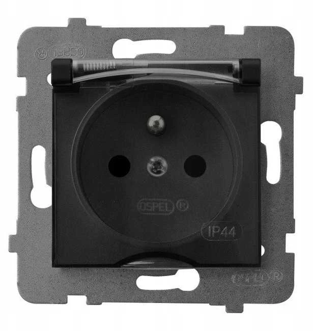 Ospel GPH-1GZ/m/33/d AS Apsauginis nuo vandens purslų lizdas su įžeminimu IP-44 permatomu dangteliu, juodos spalvos, metalinis GPH-1GZ/m/33/d