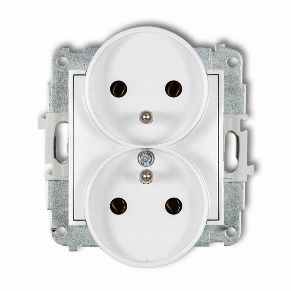 Karlik Elektrotechnik 25MGPR-2z MINI Dvigubo lizdo mechanizmas rėmui su įžeminimu 2x(2P+Z) (be srovės kelio sklendių) matinė balta 25MGPR-2z