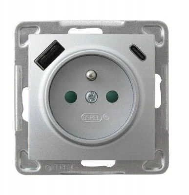 Ospel GP-1YZPUSBAC/m/18 IMPRESJA Viengubas lizdas su įžeminimu ir srovės kelio skląsčiais, su USB A+C įkrovikliu, sidabrinis GP-1YZPUSBAC/m/18