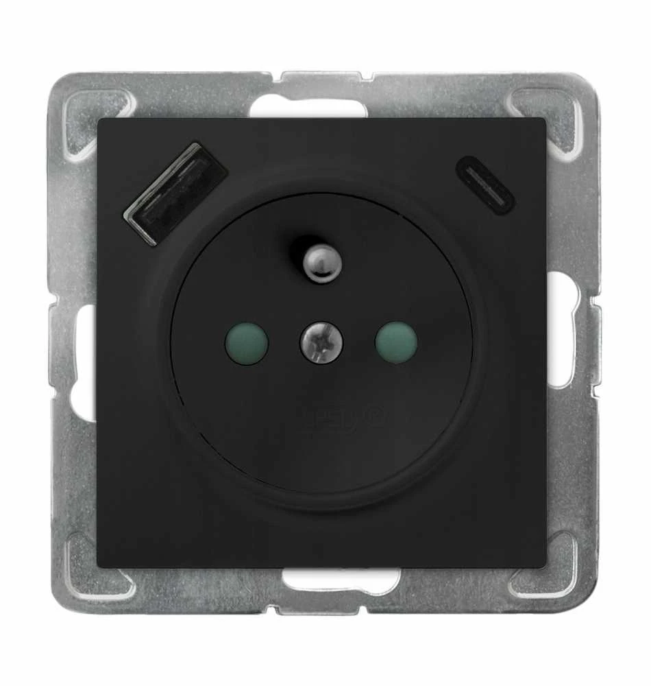Ospel GP-1YZPUSBAC/m/33 IMPRESJA Viengubas įžemintas lizdas su srovės kelio sklendėmis, su USB A+C įkrovikliu, juodos spalvos GP-1YZPUSBAC/m/33