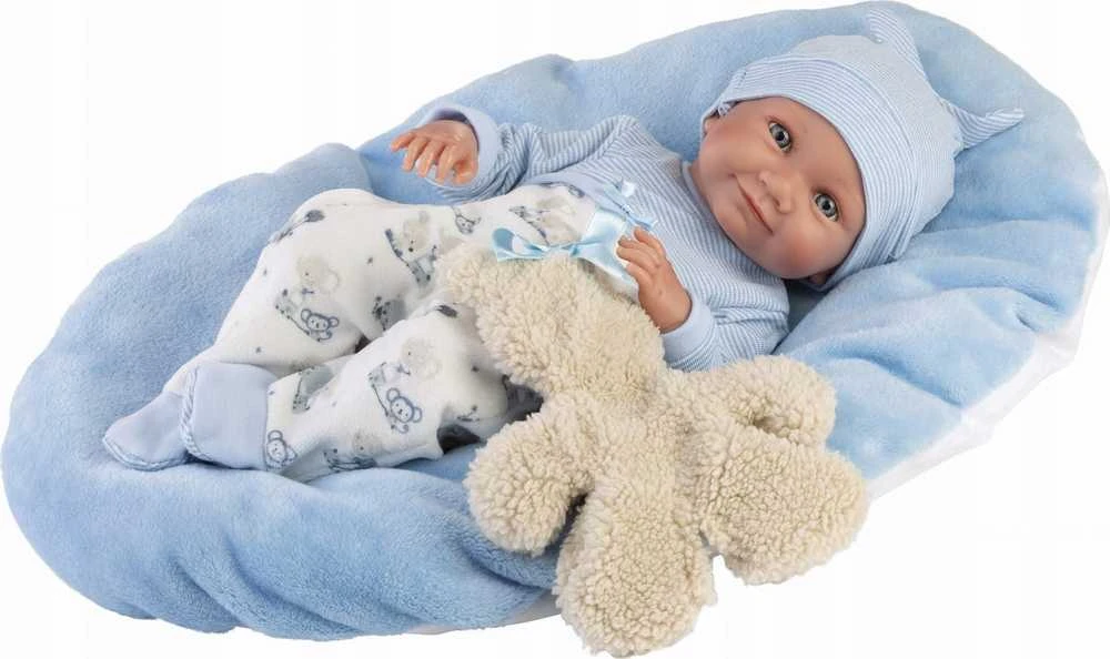 Llorens Llorens 73807 Vinilinė lėlė 40 cm Nico su mėlyna pagalve ir mielu žaislu