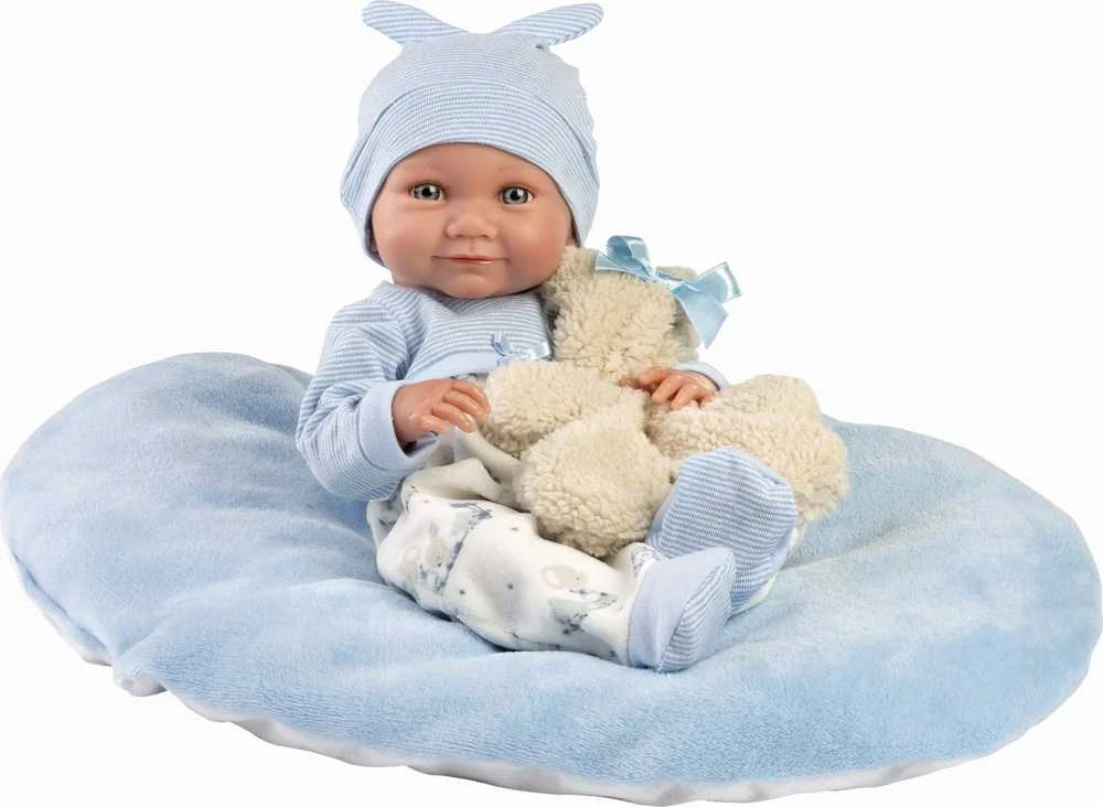 Llorens Llorens 73807 Vinilinė lėlė 40 cm Nico su mėlyna pagalve ir mielu žaislu