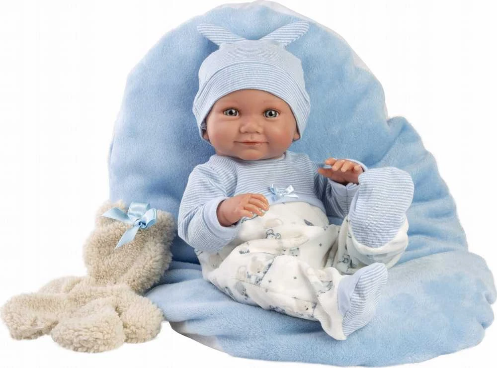 Llorens Llorens 73807 Vinilinė lėlė 40 cm Nico su mėlyna pagalve ir mielu žaislu