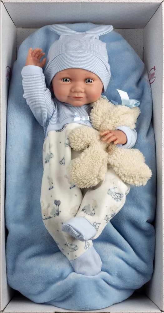 Llorens Llorens 73807 Vinilinė lėlė 40 cm Nico su mėlyna pagalve ir mielu žaislu