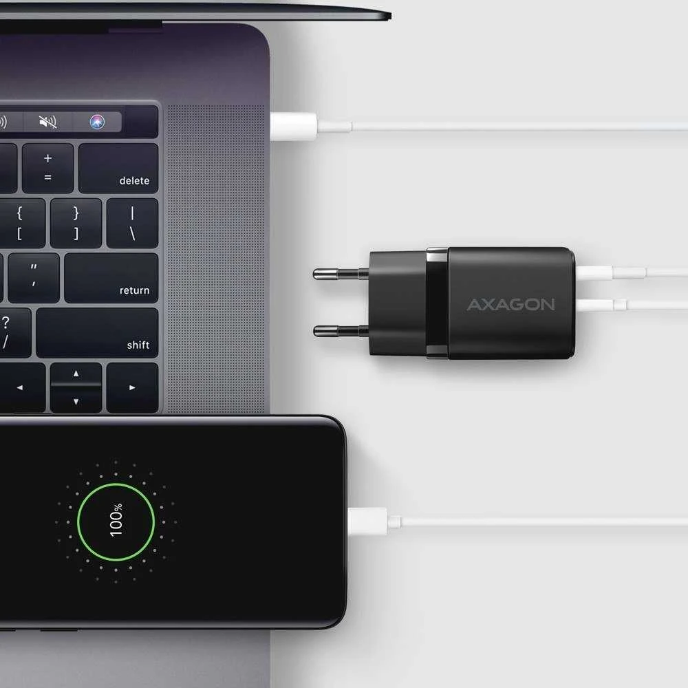 Axagon Sil sieninis įkroviklis 2x prievadas (USB-A + USB-C), PD3.0/QC4+/PPS/AFC/Apple. 30W bendra galia.