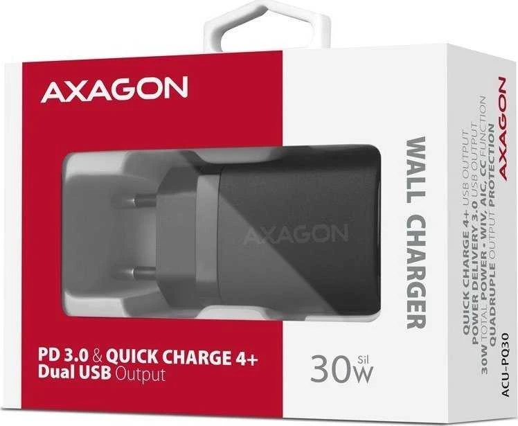 Axagon Sil sieninis įkroviklis 2x prievadas (USB-A + USB-C), PD3.0/QC4+/PPS/AFC/Apple. 30W bendra galia.