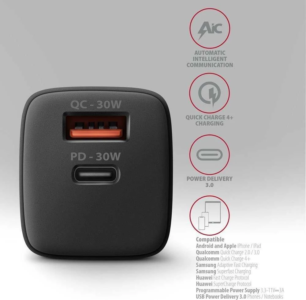 Axagon Sil sieninis įkroviklis 2x prievadas (USB-A + USB-C), PD3.0/QC4+/PPS/AFC/Apple. 30W bendra galia.