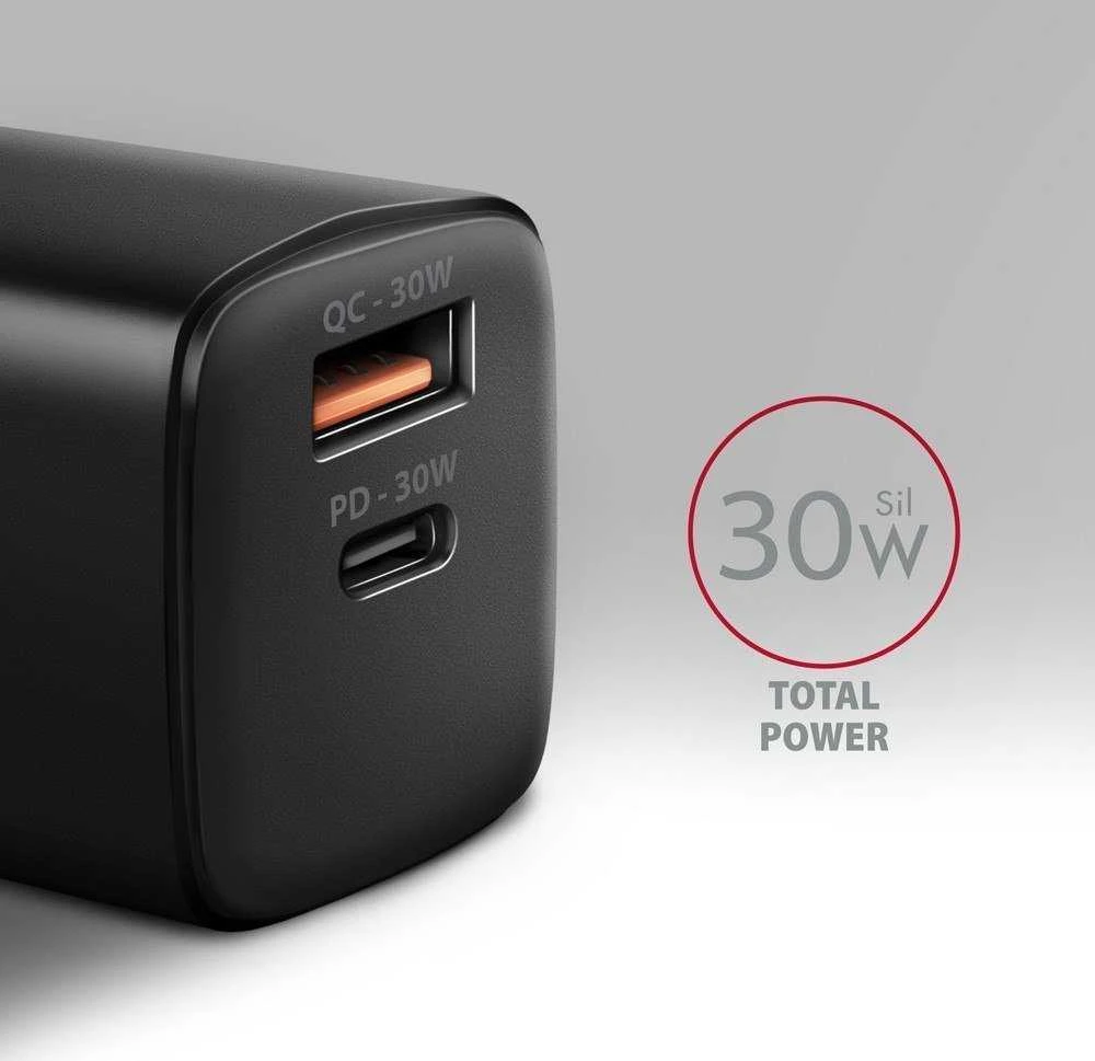Axagon Sil sieninis įkroviklis 2x prievadas (USB-A + USB-C), PD3.0/QC4+/PPS/AFC/Apple. 30W bendra galia.