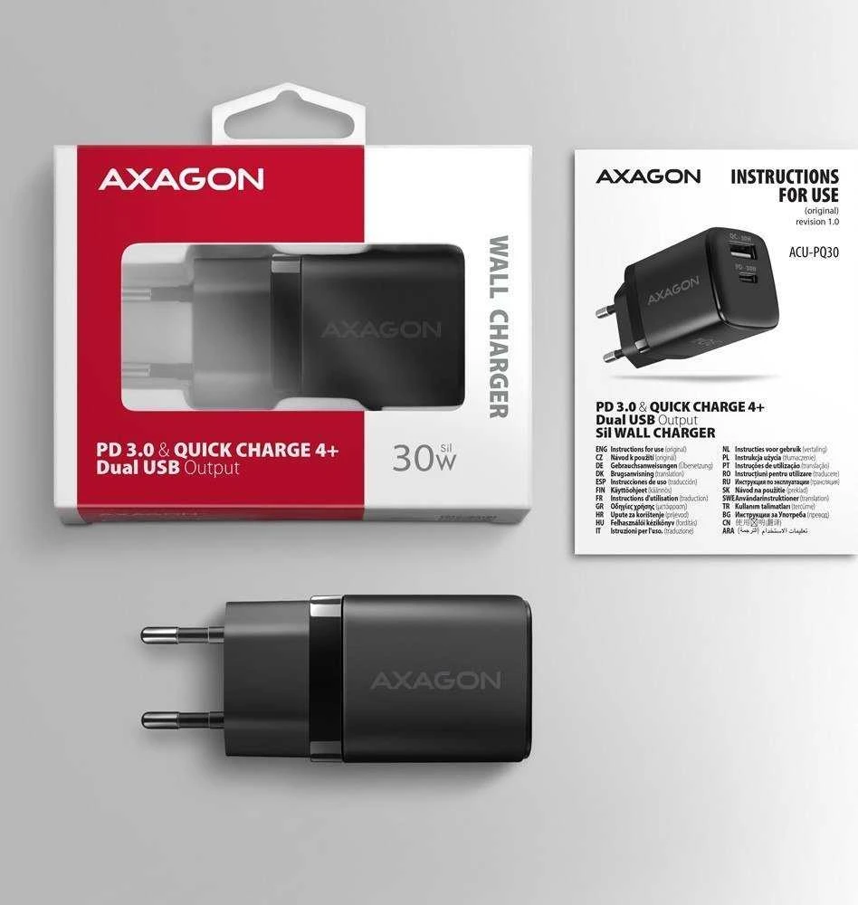 Axagon Sil sieninis įkroviklis 2x prievadas (USB-A + USB-C), PD3.0/QC4+/PPS/AFC/Apple. 30W bendra galia.