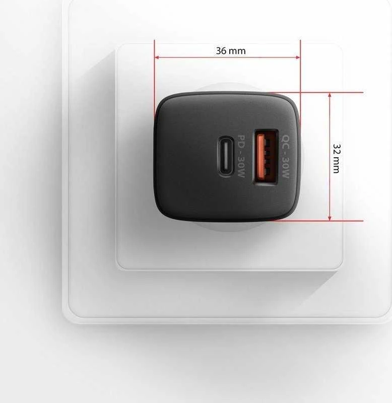Axagon Sil sieninis įkroviklis 2x prievadas (USB-A + USB-C), PD3.0/QC4+/PPS/AFC/Apple. 30W bendra galia.