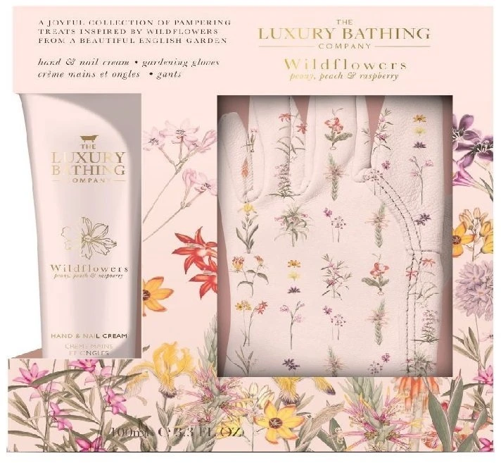 Set The Luxury Bathing Company: Wildflowers Moisturizing Hand Kreminis, 100 ml + Wildflowers Gardening Synthetic Gloves For Women, 2 vnt.