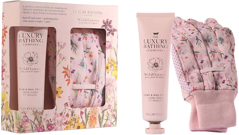 Set The Luxury Bathing Company: Wildflowers Moisturizing Hand Kreminis, 100 ml + Wildflowers Gardening Synthetic Gloves For Women, 2 vnt.