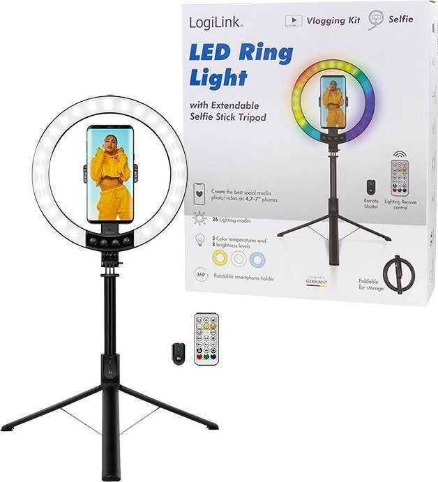 Asmenukių lazda LogiLink LogiLink Išmanusis telefonas žiedinis šviestuvas su selfie stick trikoju, skersmuo 20 cm