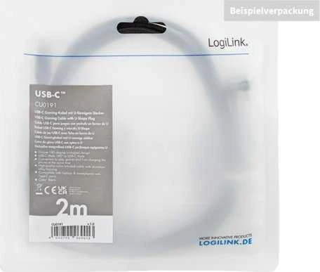 „LogiLink“ USB 2.0 | USB-A - USB-C 2.0m 60W pintas kampinis juodas