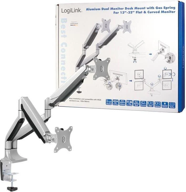 Laikiklis Logilink BP0043 Dual Monitorius Desk mount, 13"-32",gas spring, aluminum | Logilink