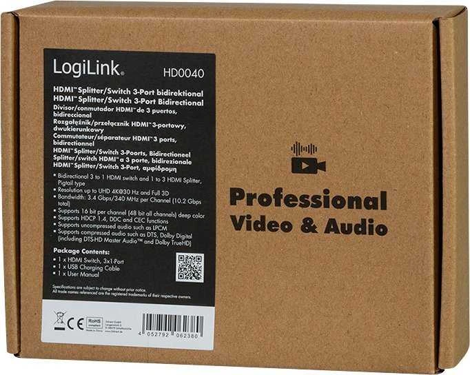 „LogiLink HD0040“ HDMI skirstytuvas 1x3/3x1 prievadas, 4K/30 Hz, CEC, dvitiesis, surištas