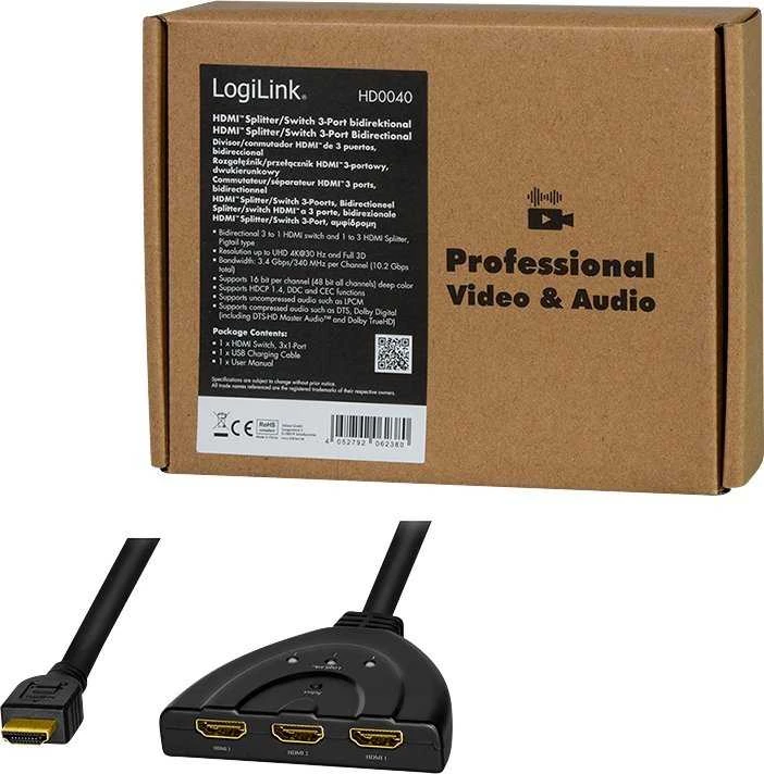 „LogiLink HD0040“ HDMI skirstytuvas 1x3/3x1 prievadas, 4K/30 Hz, CEC, dvitiesis, surištas