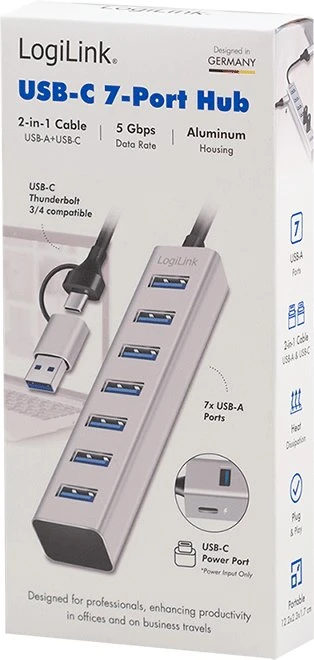 LogiLink Huby i koncentratory USB 3.2 Gen 1 (3.1 Gen 1) Type-A + Type-C 5000 Mbit/s Pilka (UA0441)