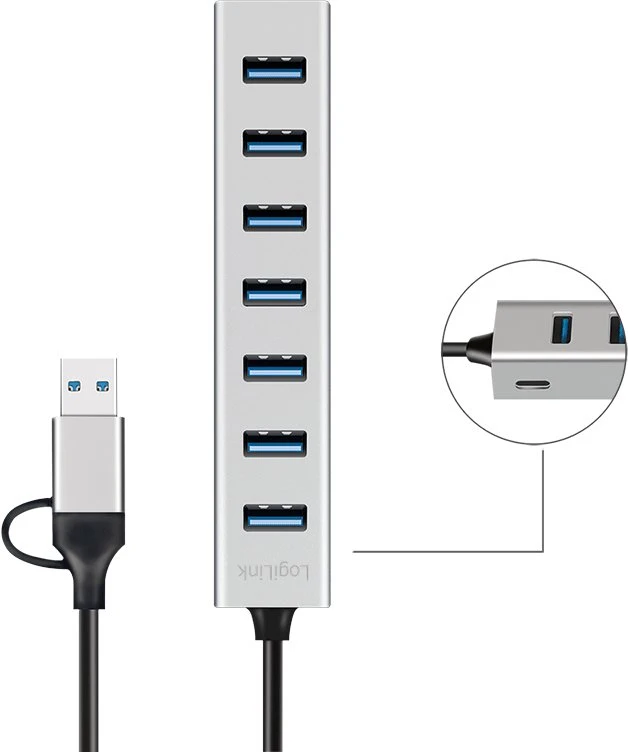 LogiLink Huby i koncentratory USB 3.2 Gen 1 (3.1 Gen 1) Type-A + Type-C 5000 Mbit/s Pilka (UA0441)