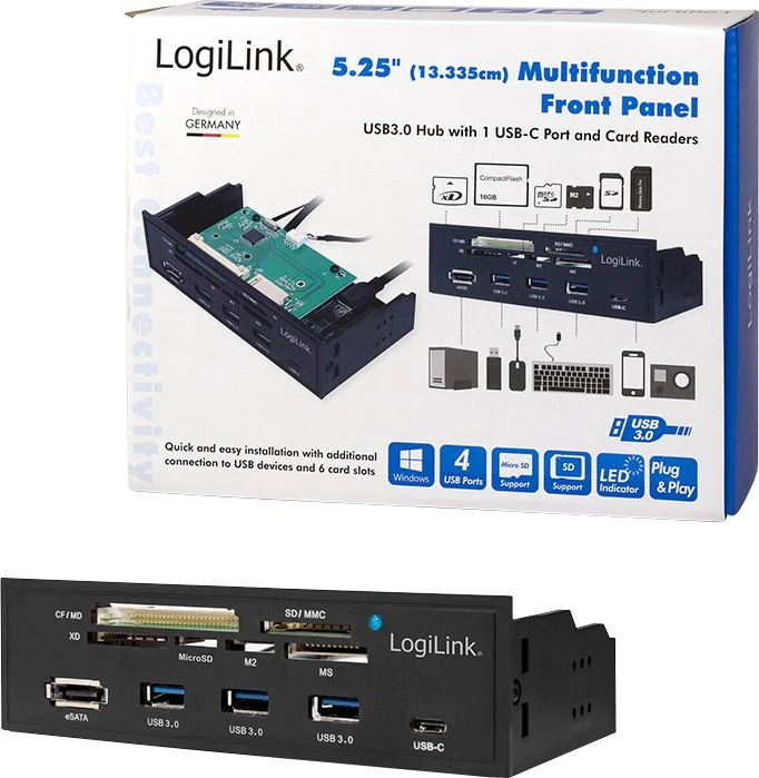 LOGILINK daugiafunkcis priekinis skydelis 5,25 colio su 6 krypčių kortelių skaitytuvu, juodas