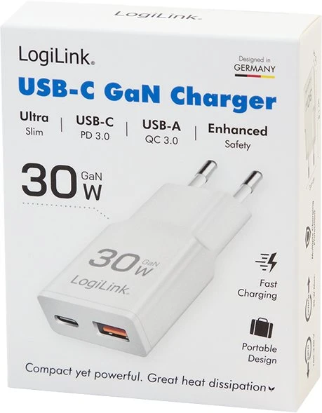 Įkroviklis LogiLink LogiLink USB Wall Charger, GaN, 2port, USB-AF & USB-CF, PD 30W, slim, baltas