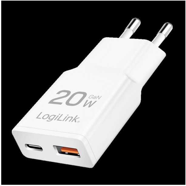 Įkroviklis LogiLink LogiLink USB Wall Charger, GaN, 2port, USB-AF & USB-CF, PD 20W, slim, baltas
