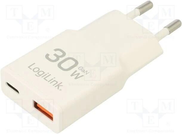 Įkroviklis LogiLink LogiLink USB Wall Charger, GaN, 2port, USB-AF & USB-CF, PD 30W, slim, baltas