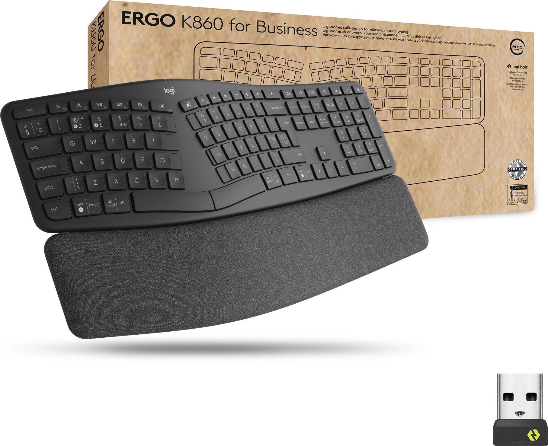 Logitech ERGO K860 SPLIT belaidė klaviatūra verslui, grafito spalvos, JAV tarptautinis išdėstymas (Qwerty)