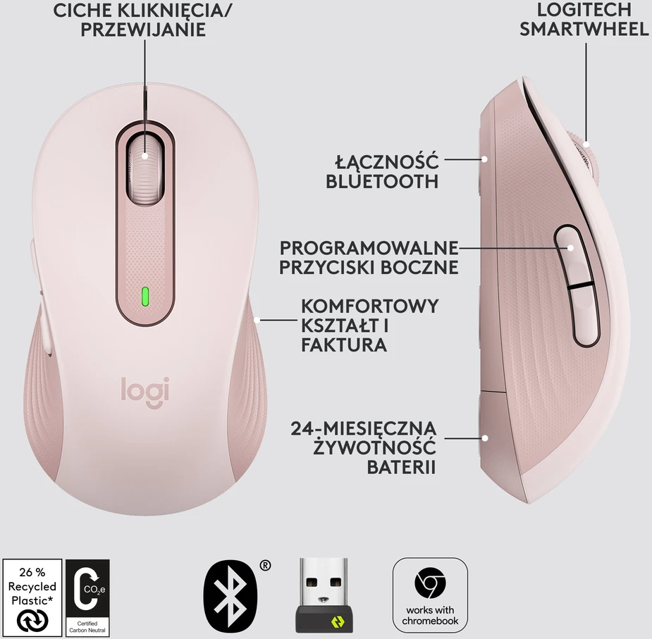 Belaidė pelė Logitech Signature M650 L, rožinės spalvos