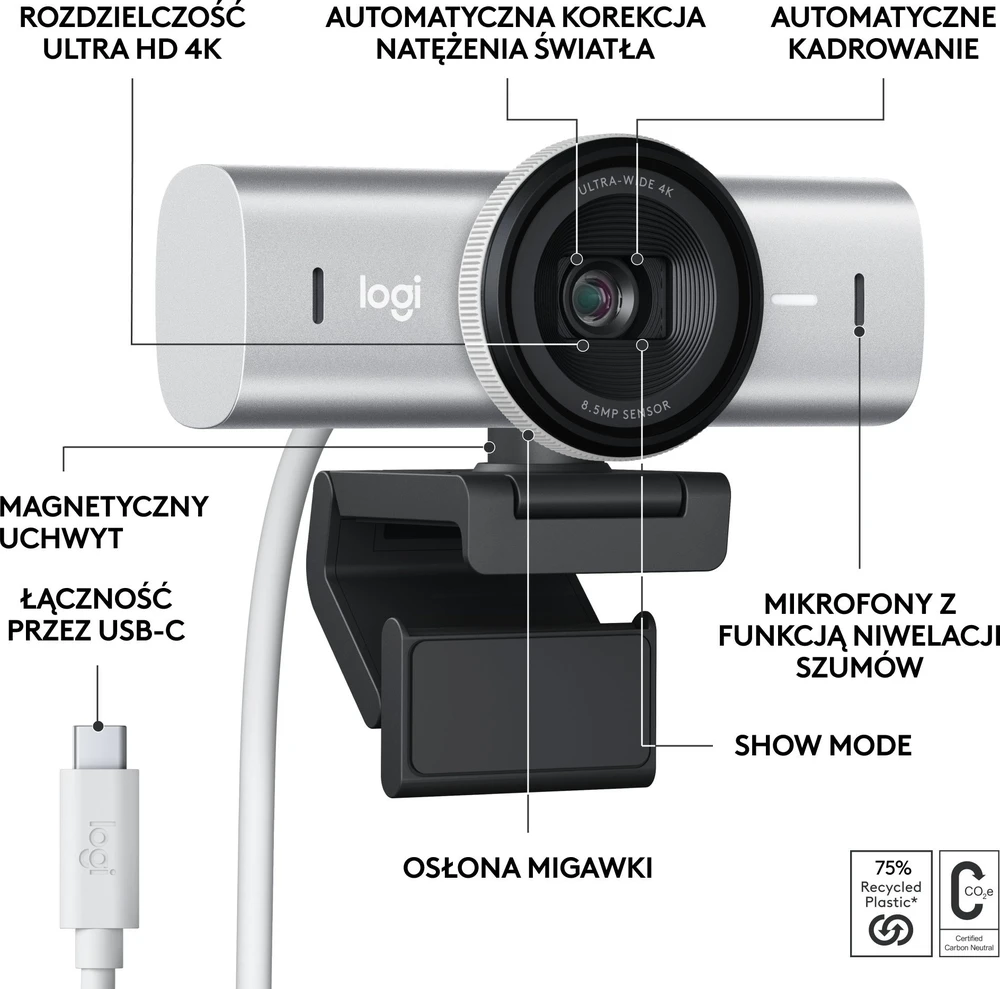 Logitech MX Brio 4K Ultra HD internetinė kamera, spalva: šviesiai pilka (960-001554)
