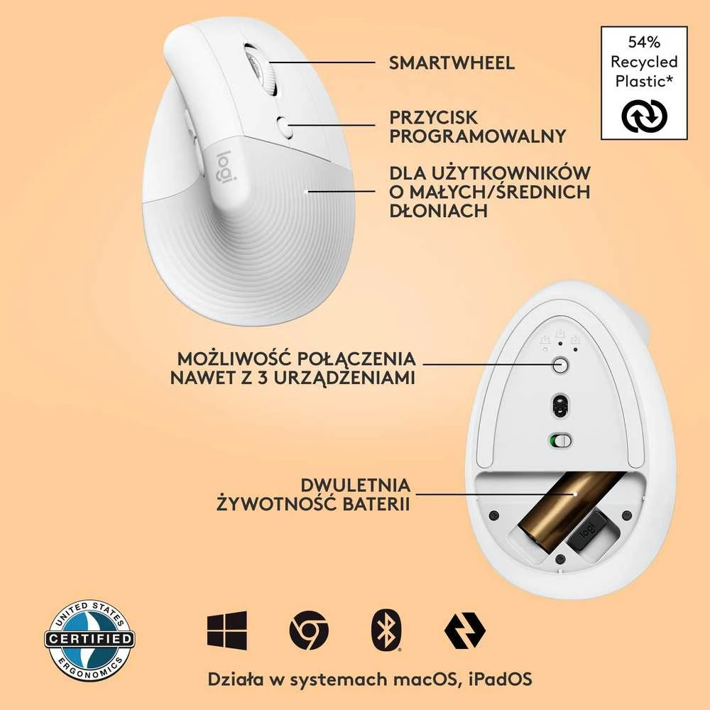 Pelė Logitech Lift, Baltos spalvos