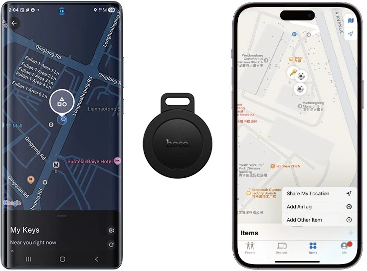 Lokatorius, suderinamas su Apple „Find My“ ir „Google Find My Device“, Hoco E101, juodas