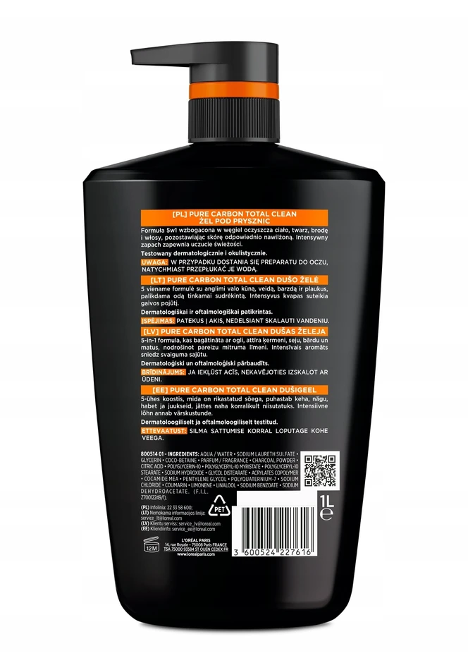L'Oreal „Men Expert Pure Carbon Total Clean“ 5 viename dušo želė, 1000 ml
