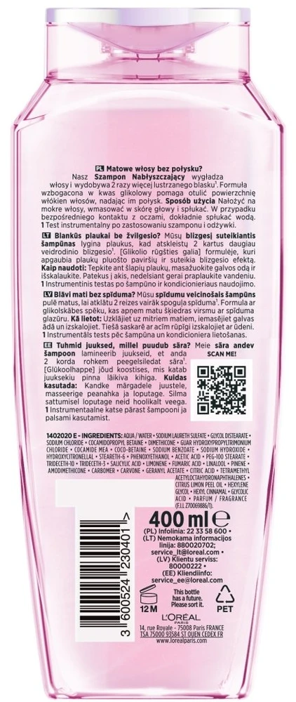 L'Oreal Elseve glikolinis blizgesio suteikiantis šampūnas pailgiems plaukams 400ml