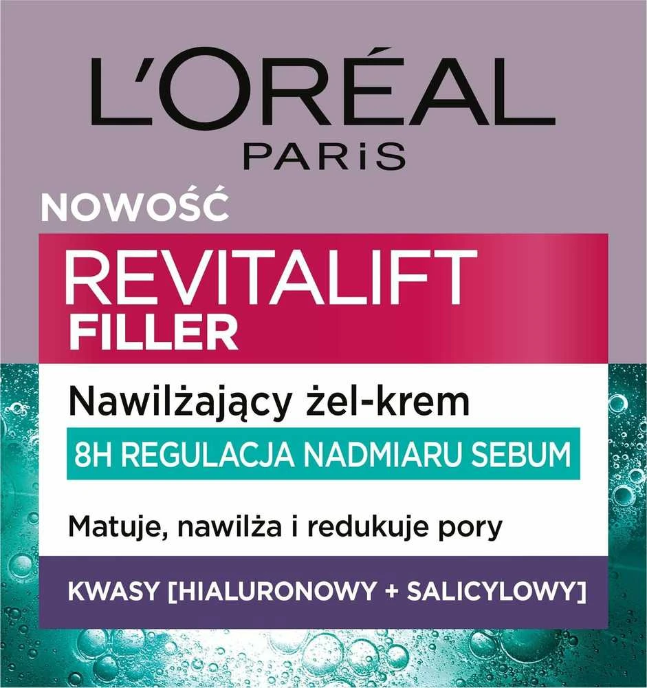 L'Oreal Paris Revitalift Filler Oil Control Day Gel-Kreminis drėkinamasis riebalų išsiskyrimą reguliuojantis gelis-kremas veidui, 50 ml