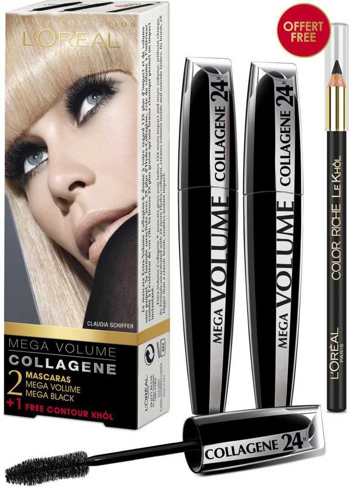 Set L'Oreal Paris: Mega Volume Collagene 24h Extra Blakstienų tušas Juodas, 2 pcs, 9 ml + Contour Khol Kohl Akių apvadas Juodas 1.2 g