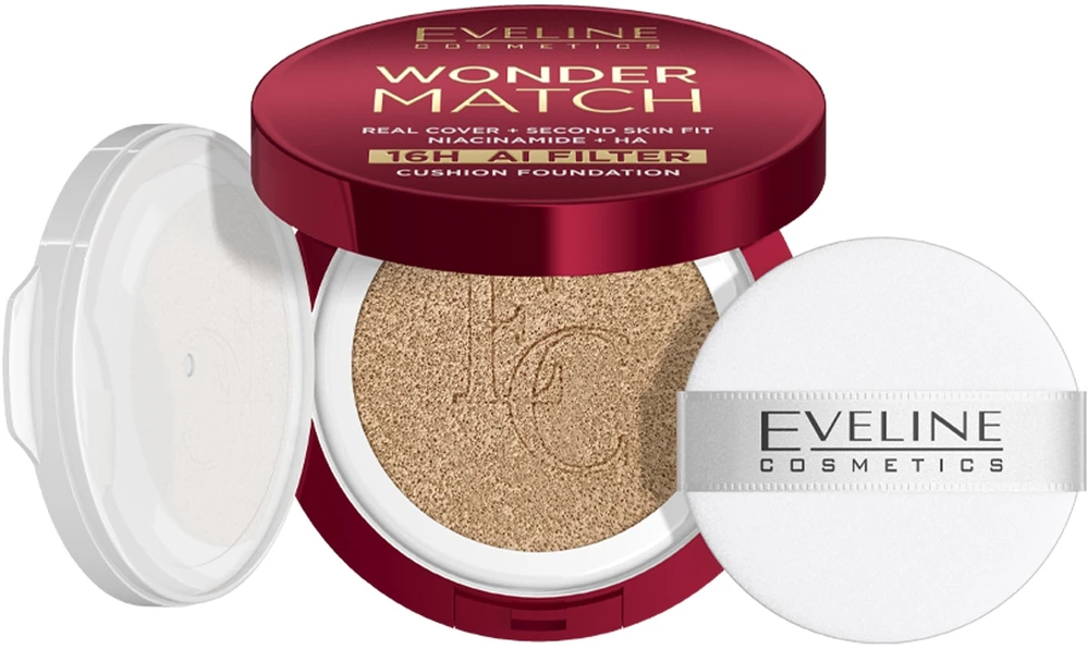 L'Oreal „Eveline Cosmetics Wonder Match“ pilno padengimo pagalvėlė tipo makiažo pagrindas su niacinamidu ir hialurono rūgštimi 02W Vanilla 15 g.