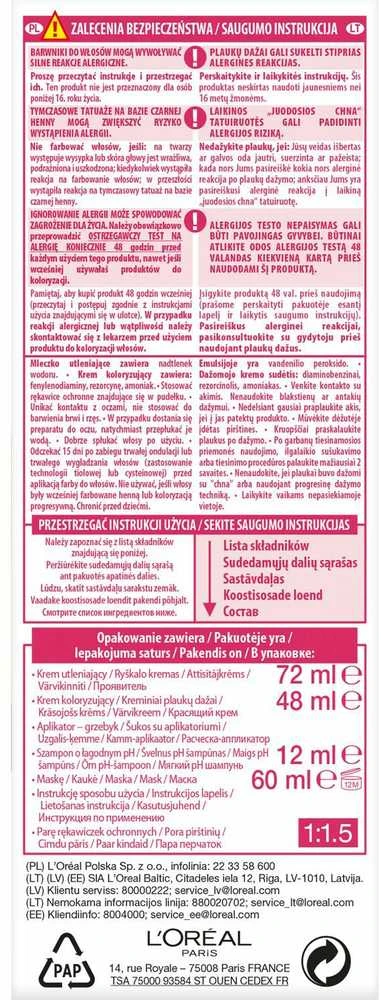 L'Oreal plaukų dažų pakuotės informacija