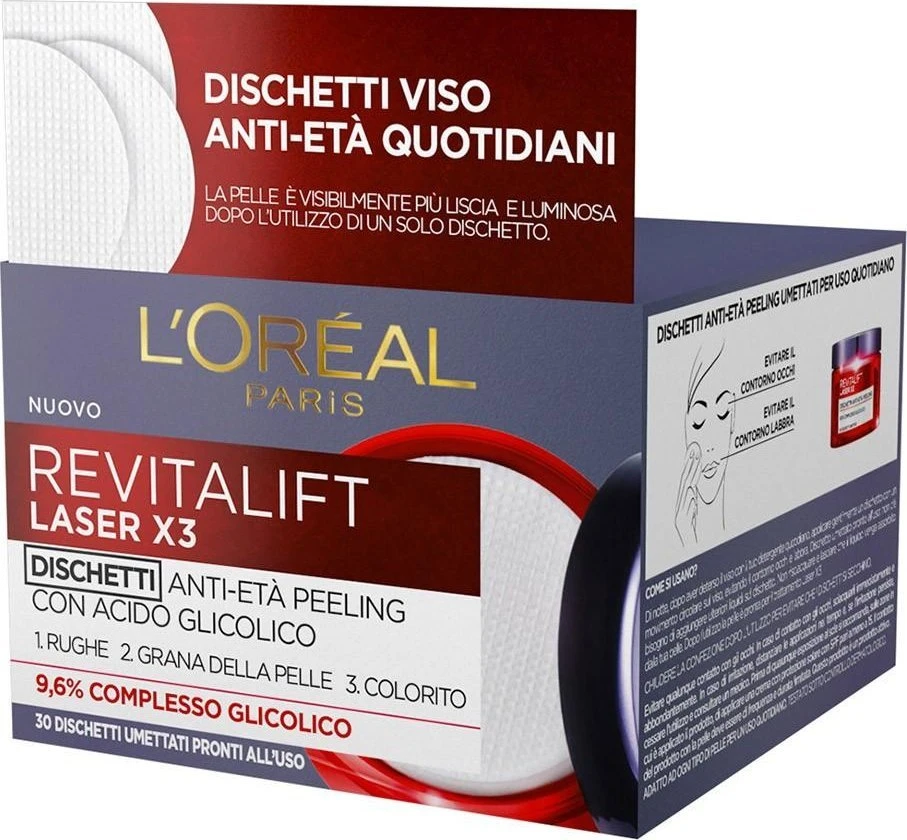 L'Oreal Paris, Revitalift lazerinis X3, glikolio rūgštis, senėjimą stabdantys, nulupami diskeliai, 30 vnt.