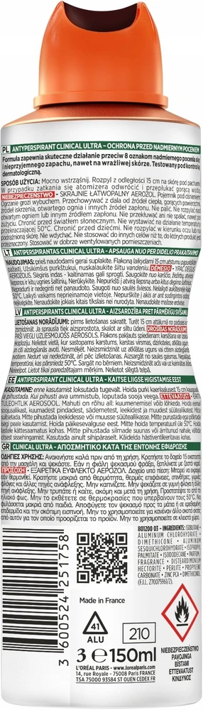 L'Oreal Men Expert antiperspirantas su informacija apie naudojimą