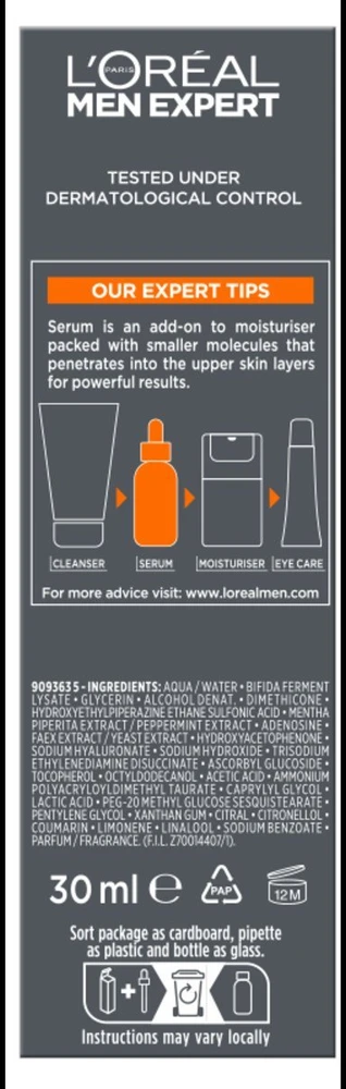 L'Oréal Paris Men Expert Power Age Hyaluronic Multi-Action serumas odos serumas vyrams, 30 ml