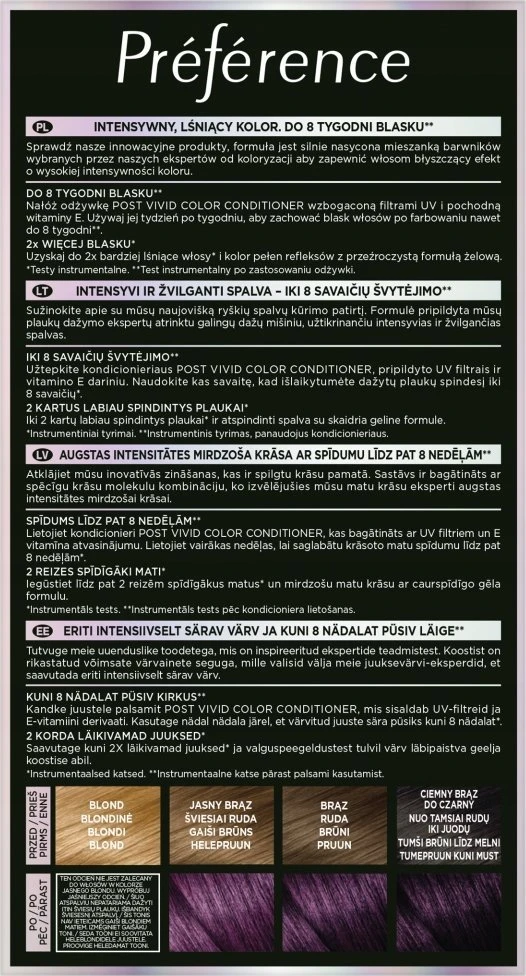 L'Oreal Preference Vivids spalvų paletė ir informacija