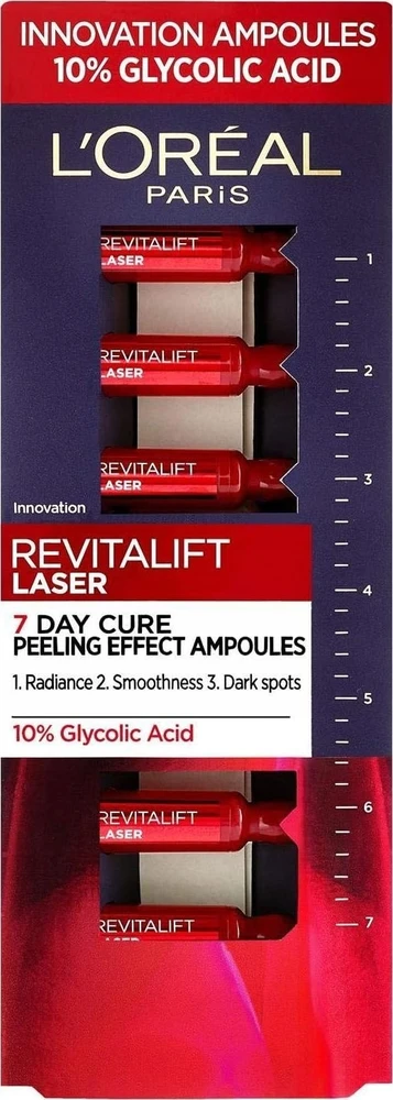 L'Oreal Paris Revitalift lazerinis Renew glikolinės rūgšties šveičiamųjų ampulių rinkinys veidui su glikolinės rūgšties ampulėmis, 7 vnt., 1 ml