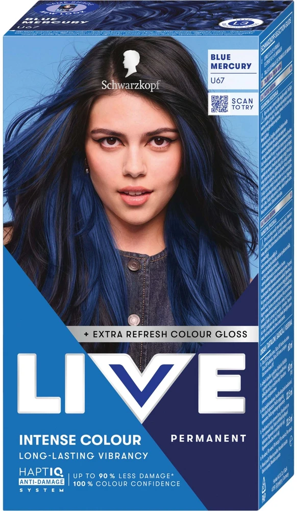 L'Oreal Schwarzkopf Live Intense Colour plaukų dažai U67 Mėlyna Mercury